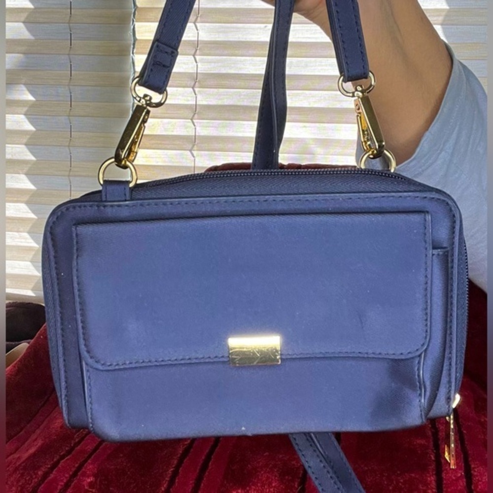 Save the Girls Crossbody Clutch, 8”x4”x2”, Navy Blue, clear pocket for Cell
